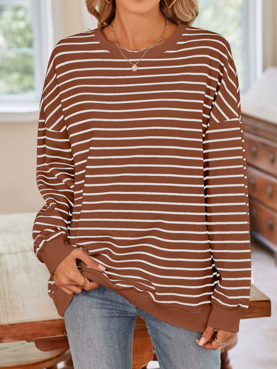 Lovelet Striped Round Neck Long Sleeve Sweatshirt - The Daily Makeover