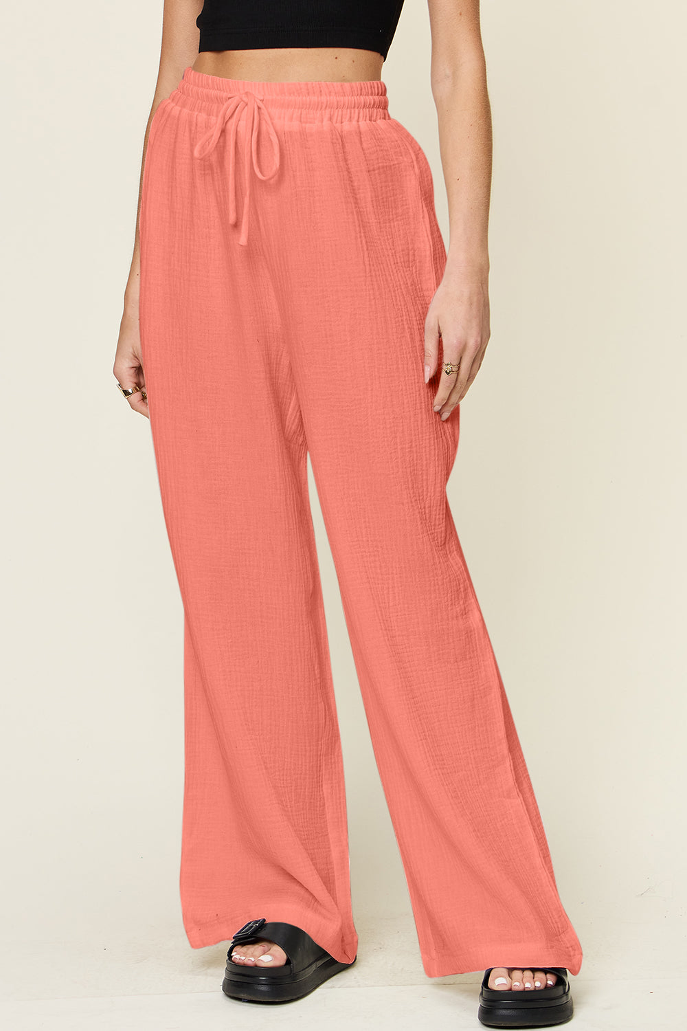Double Take Full Size Texture Drawstring Wide Leg Pants - The Daily Makeover