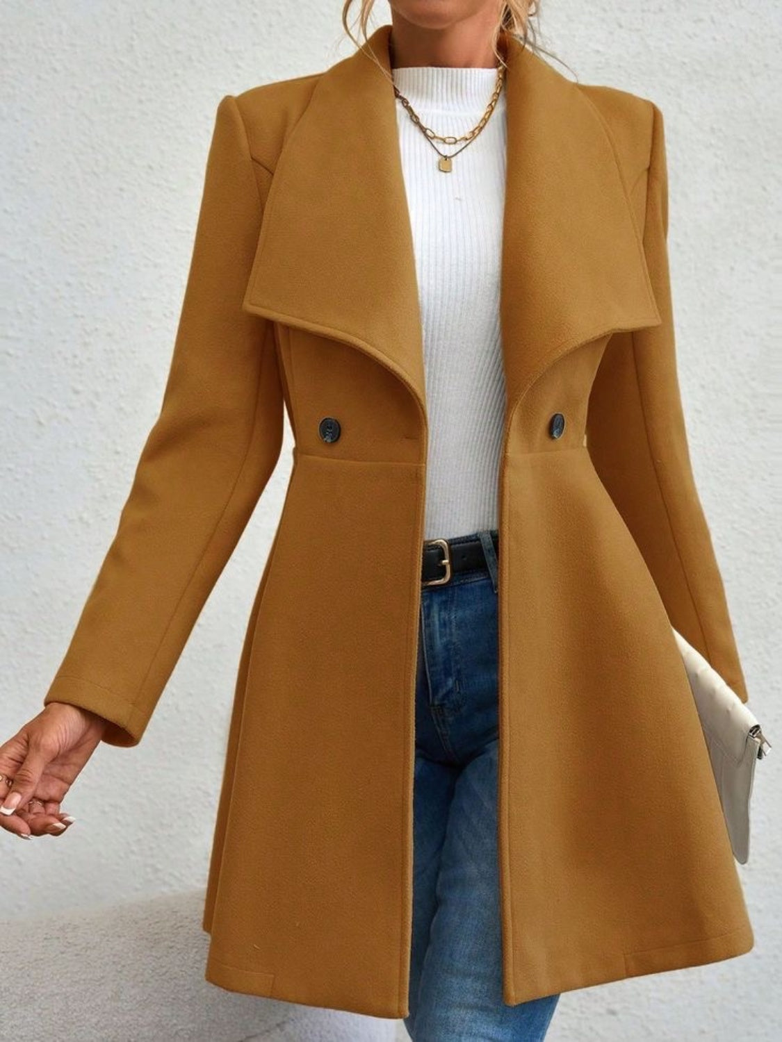 Collared Neck Button Up Long Sleeve Coat - The Daily Makeover