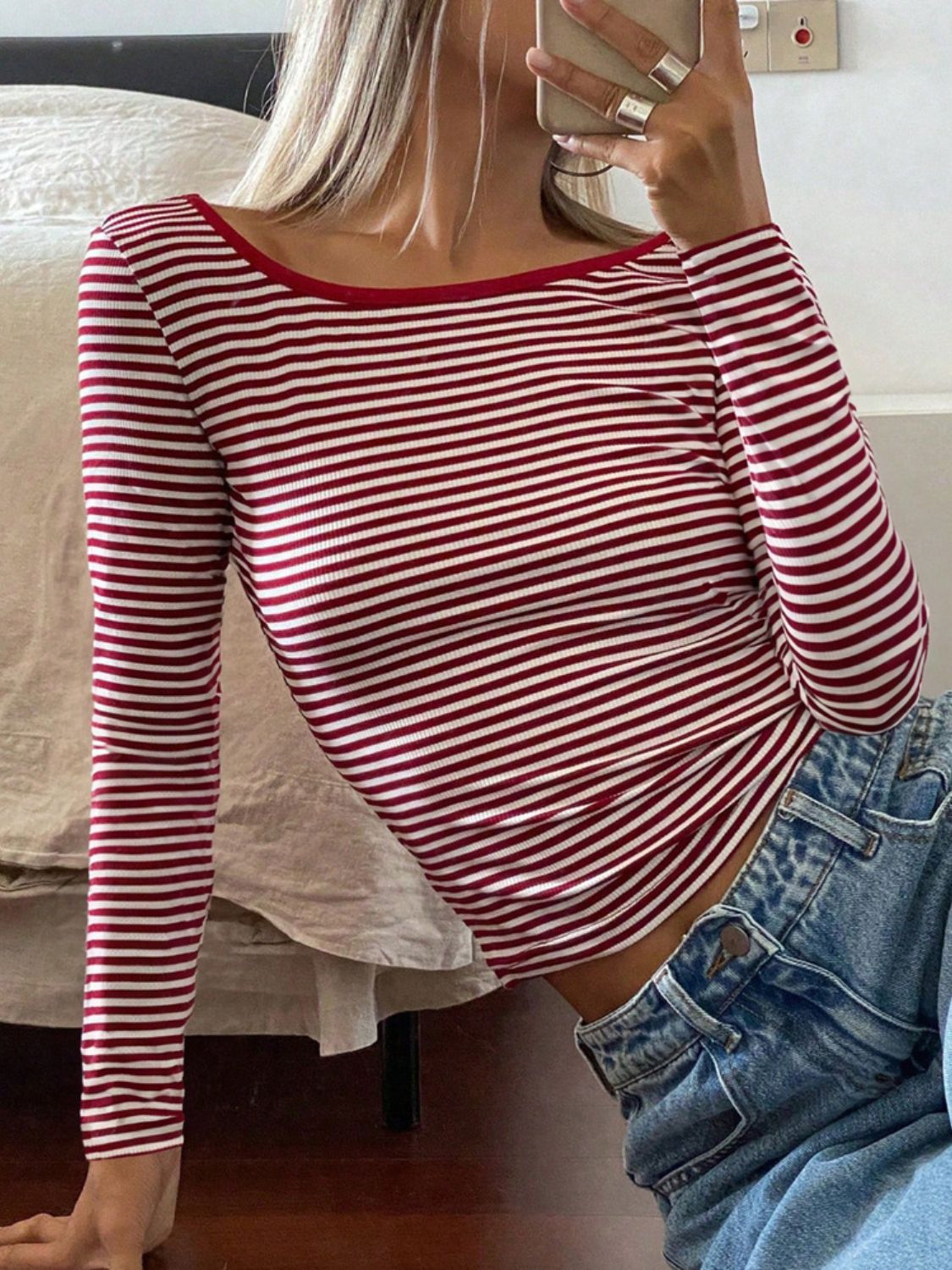 Devine Backless Striped Boat Neck Long Sleeve T-Shirt - The Daily Makeover