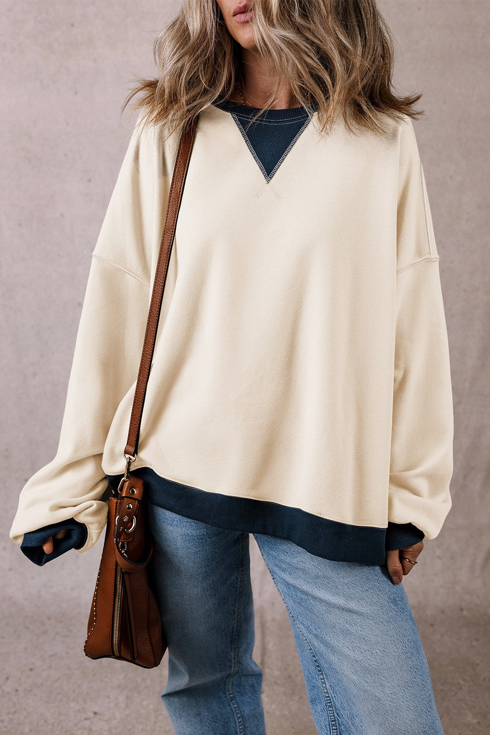 Contrast Round Neck Long Sleeve Sweatshirt - The Daily Makeover