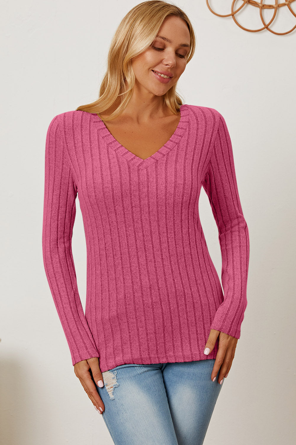 Full Size Ribbed V-Neck Long Sleeve T-Shirt - The Daily Makeover