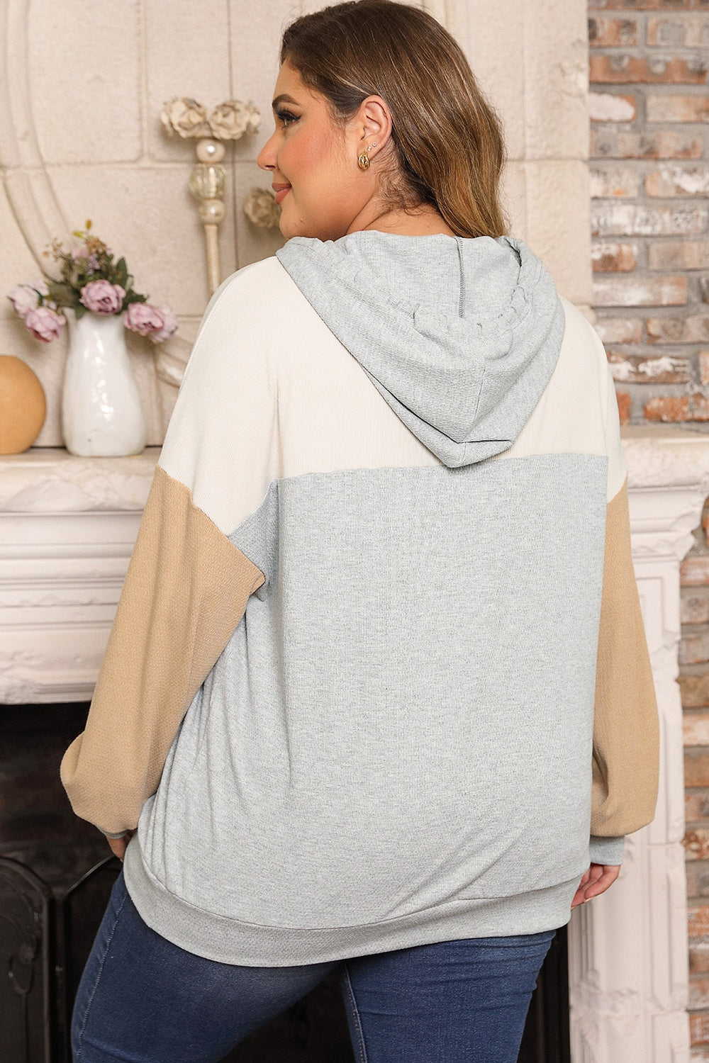 Plus Size Color Block Drawstring Long Sleeve Hoodie - The Daily Makeover