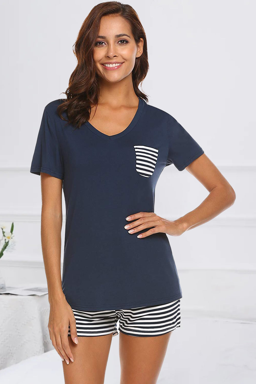 Striped Short Sleeve Top and Shorts Lounge Set - The Daily Makeover