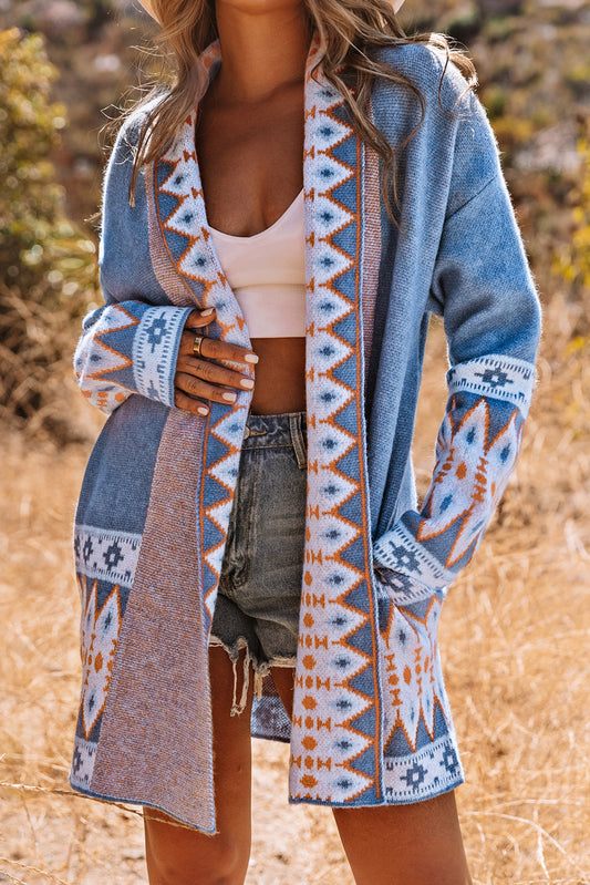 Blue Geometric Print Open Front Knit Cardigan - The Daily Makeover