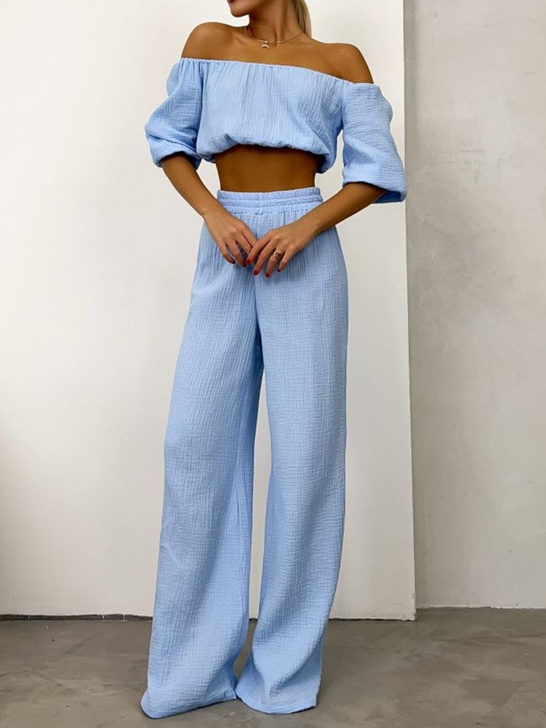 Off Shoulder Long Sleeve Top and Pants Set - The Daily Makeover