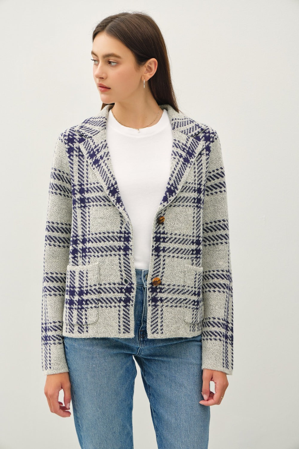 Be Cool Plaid Long Sleeve Sweater Jacket with Front Patch Pockets - The Daily Makeover