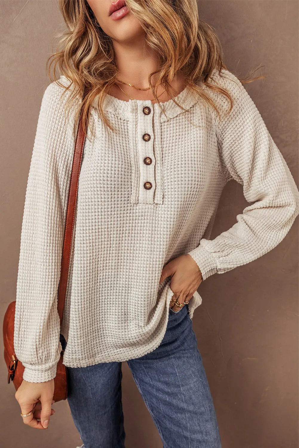 Waffle-Knit Half Button Round Neck Long Sleeve Top - The Daily Makeover