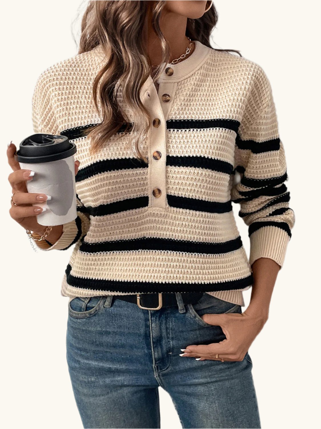 Perfee Striped Half Button Long Sleeve Sweater