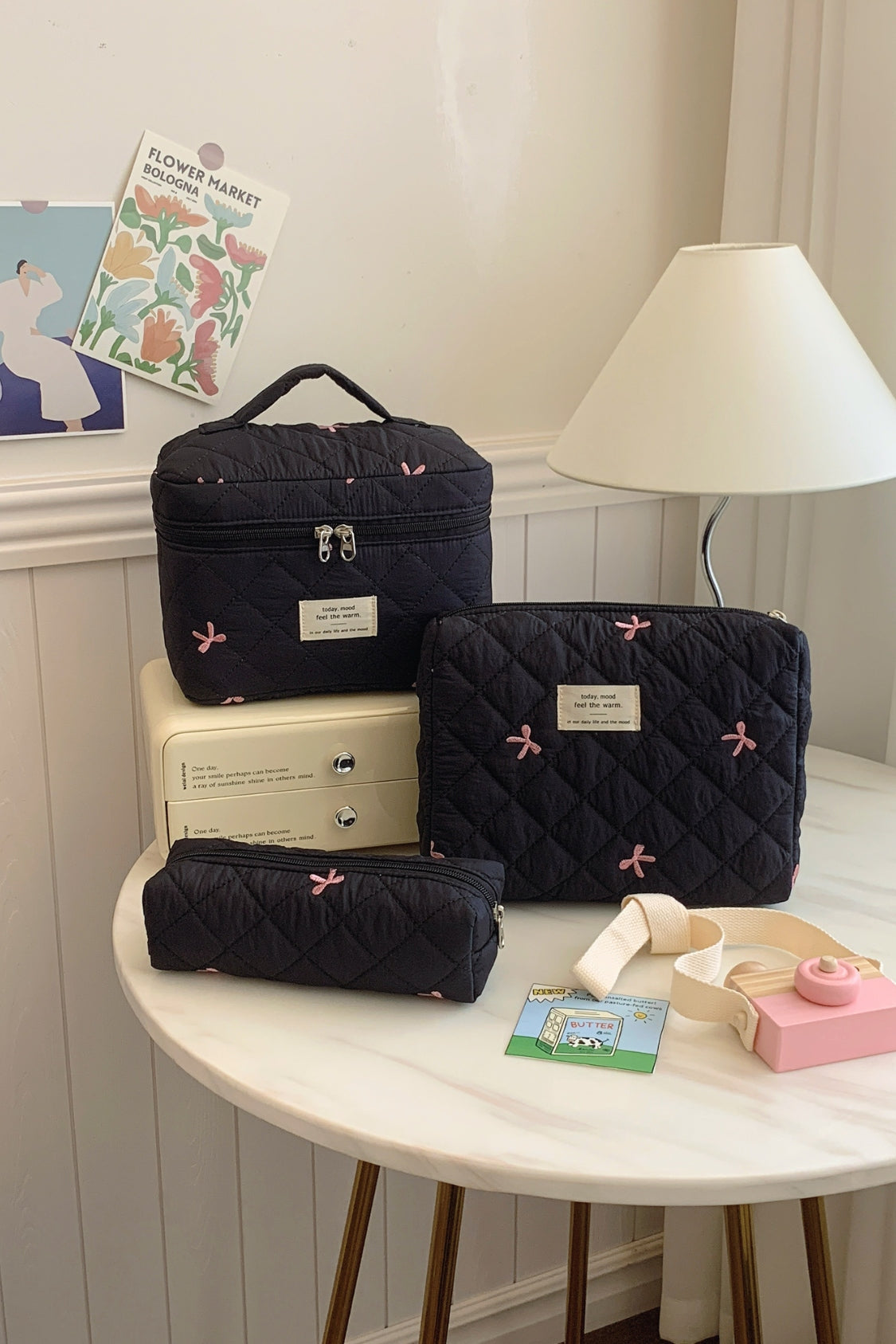 3 Piece Bow Quilted Cloth Storage Bag Set - The Daily Makeover
