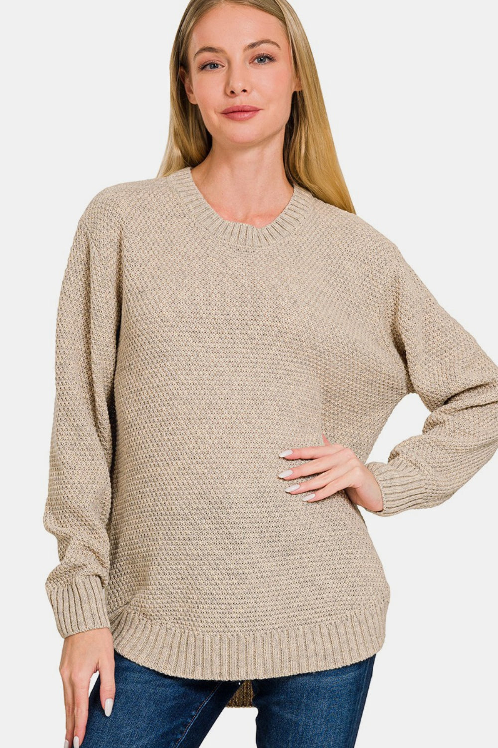 Zenana Ful Size Round Neck Long Sleeve Curved Hem Sweater - The Daily Makeover