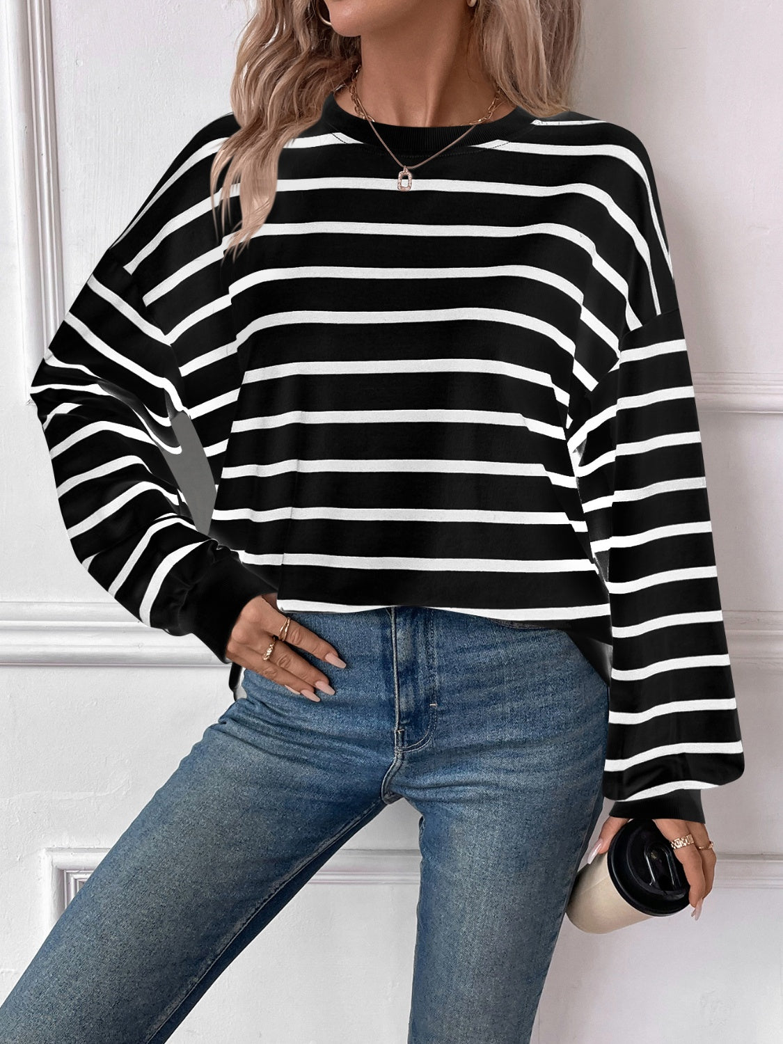 Striped Round Neck Long Sleeve Sweatshirt - The Daily Makeover