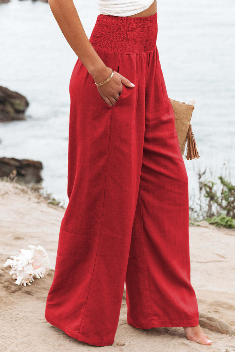 Khaki Smocked Wide Waistband High Waist Wide Leg Pants - The Daily Makeover