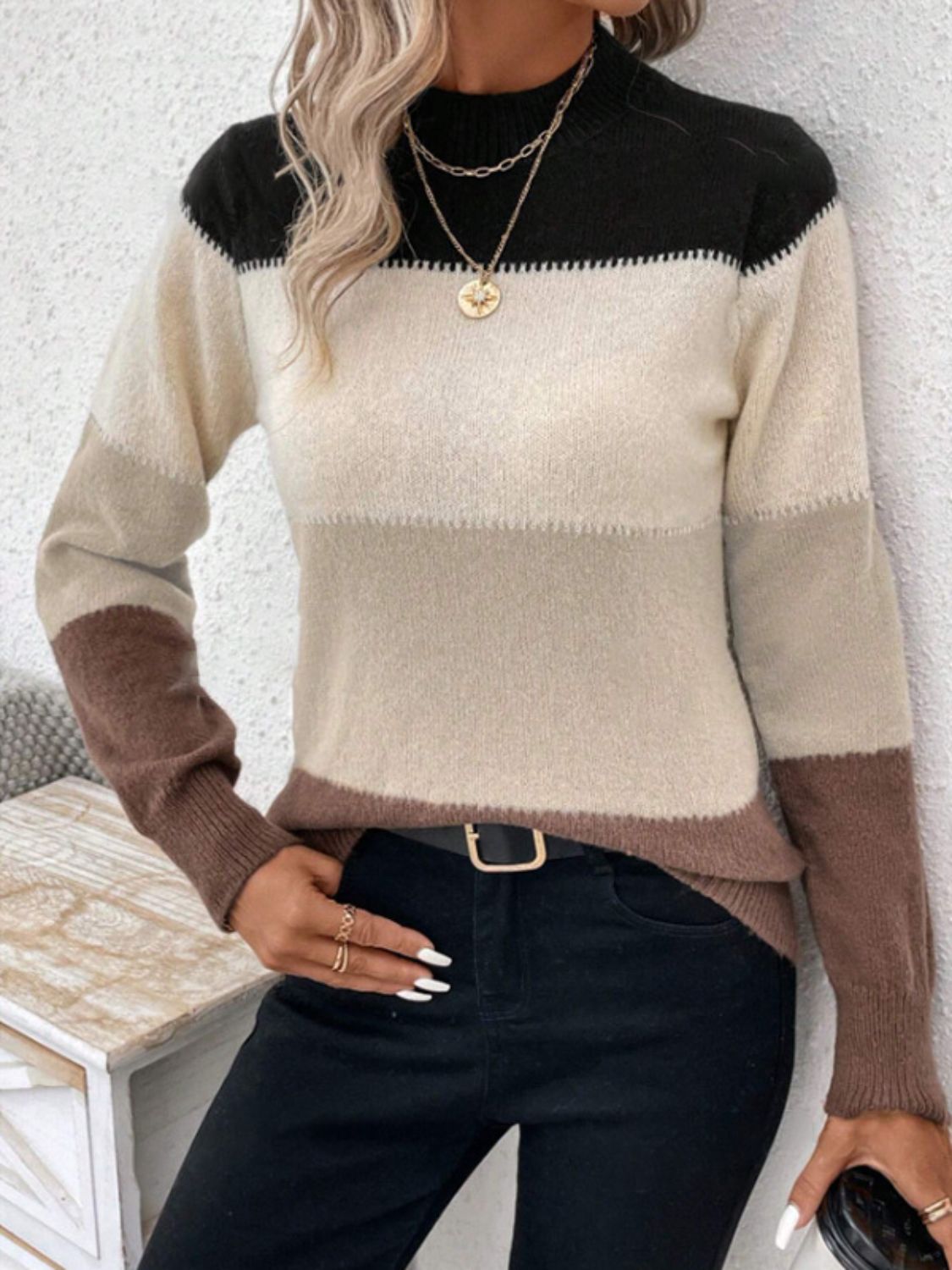 Color Block Mock Neck Long Sleeve Sweater - The Daily Makeover