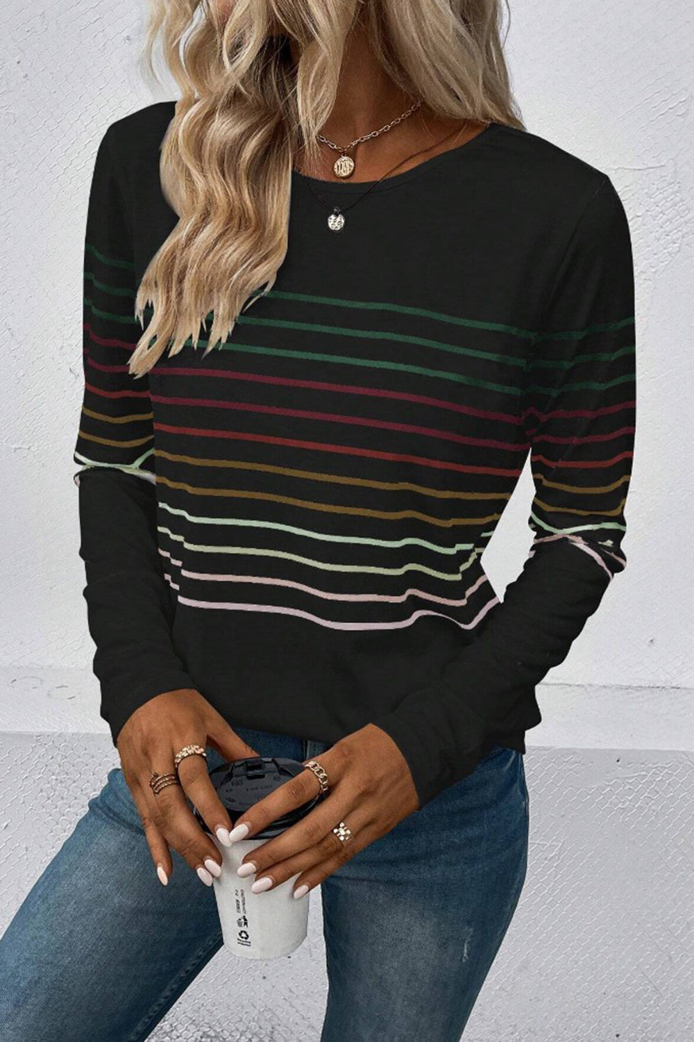 Striped Round Neck Long Sleeve T-Shirt - The Daily Makeover
