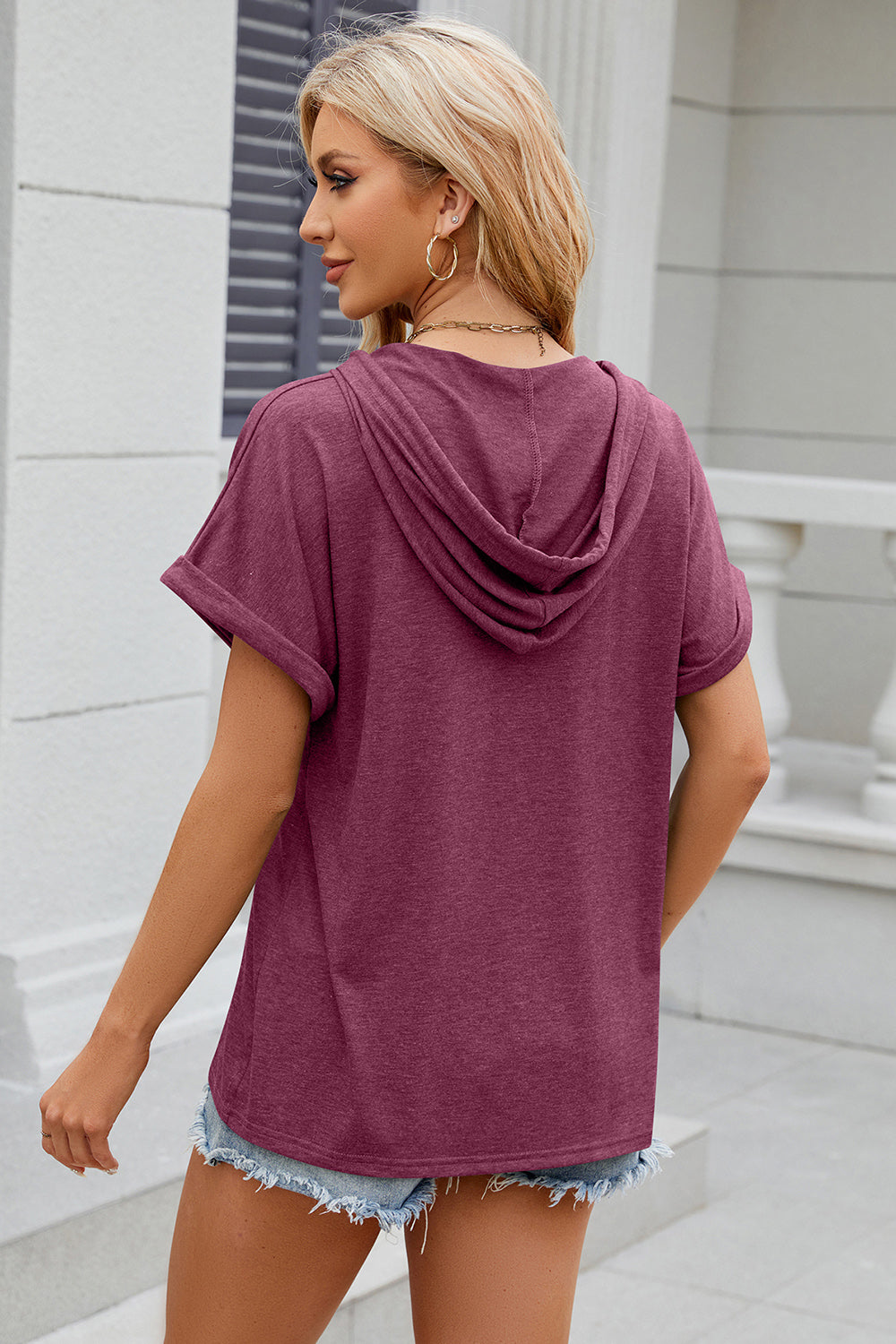 Half Button Drawstring Short Sleeve Hooded T-Shirt - The Daily Makeover