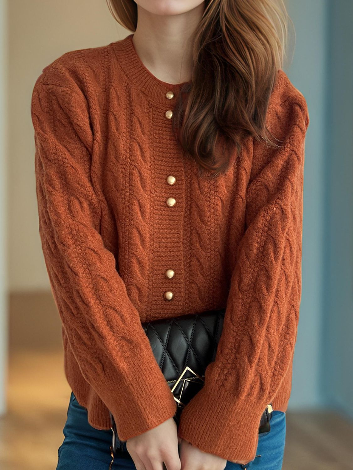 Cable-Knit Round Neck Long Sleeve Cardigan - The Daily Makeover