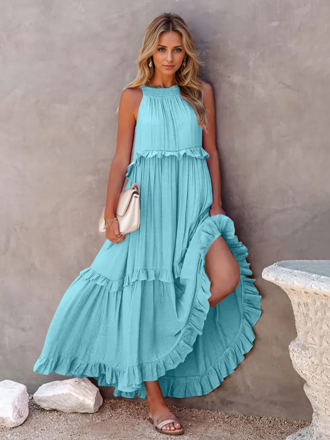 Ruffled Sleeveless Tiered Maxi Dress with Pockets - The Daily Makeover