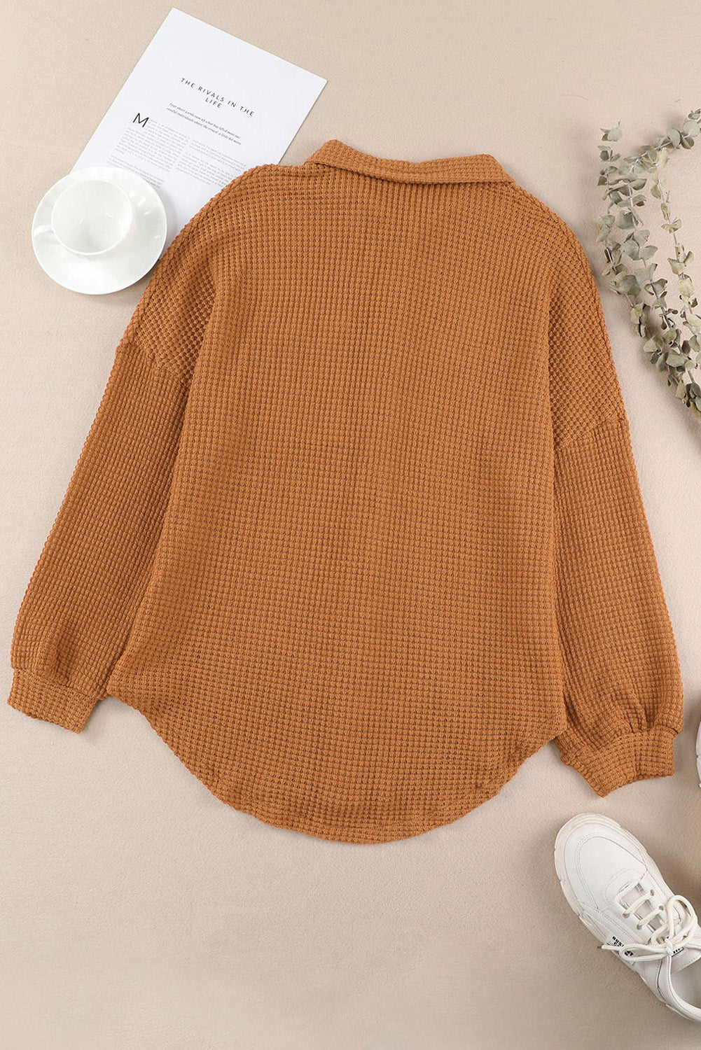 Waffle-Knit Collared Neck Long Sleeve Shirt - The Daily Makeover