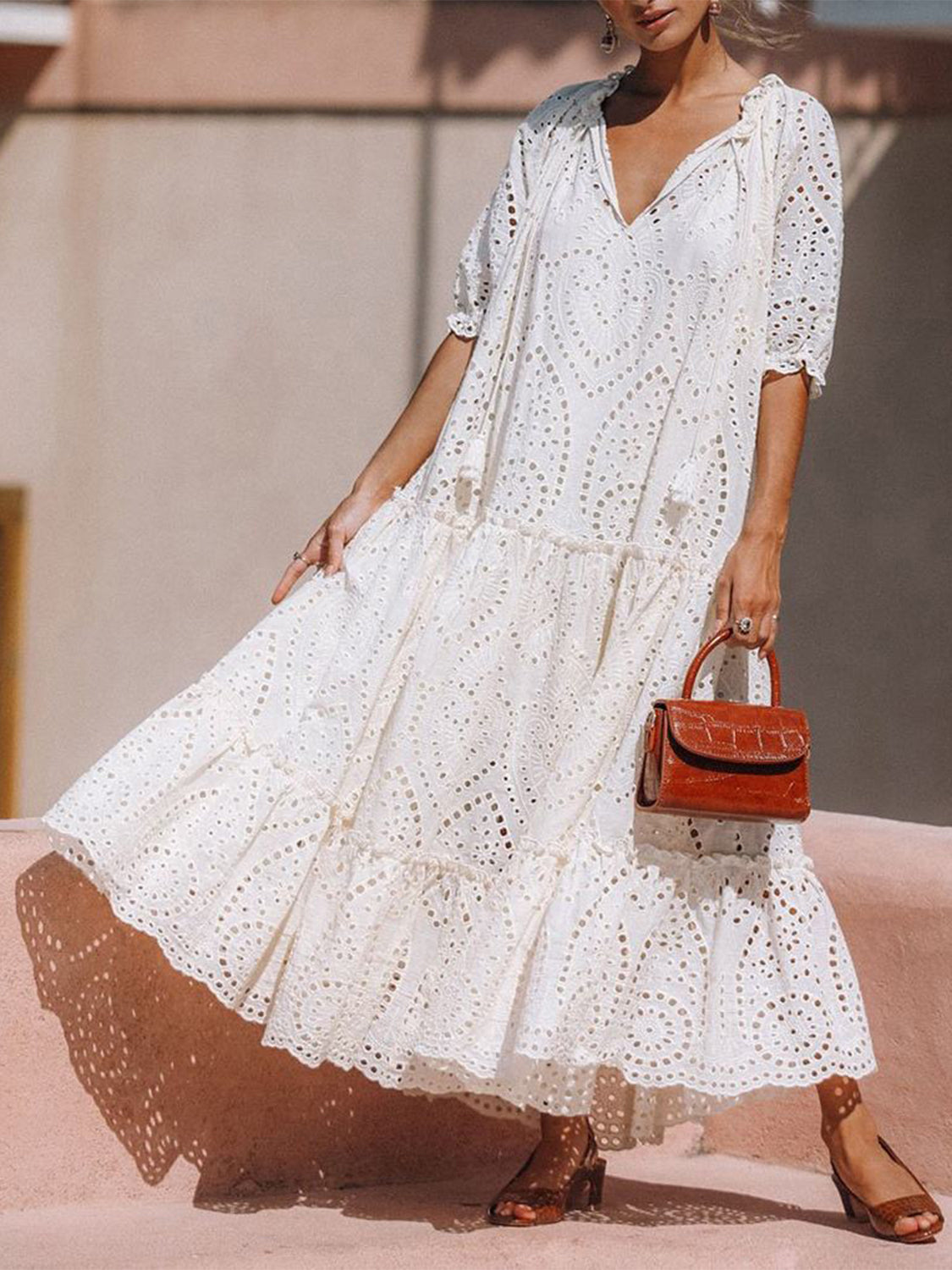 Tie Neck Half Sleeve Tiered Dress - The Daily Makeover
