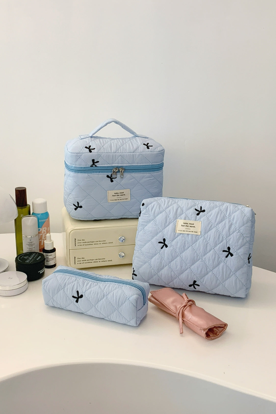 3 Piece Bow Quilted Cloth Storage Bag Set - The Daily Makeover