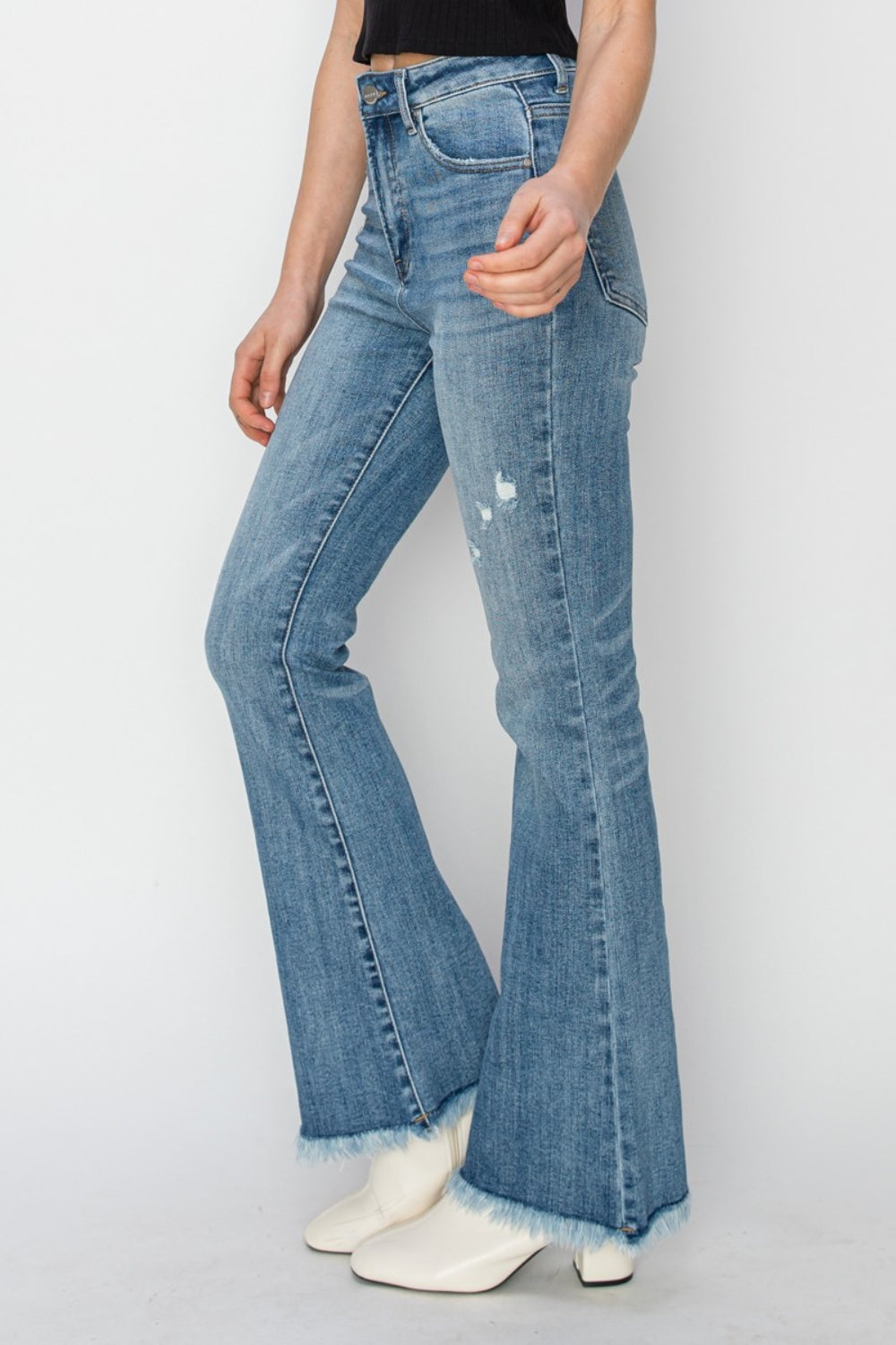 High Rise Frayed Hem Bootcut Jeans - The Daily Makeover
