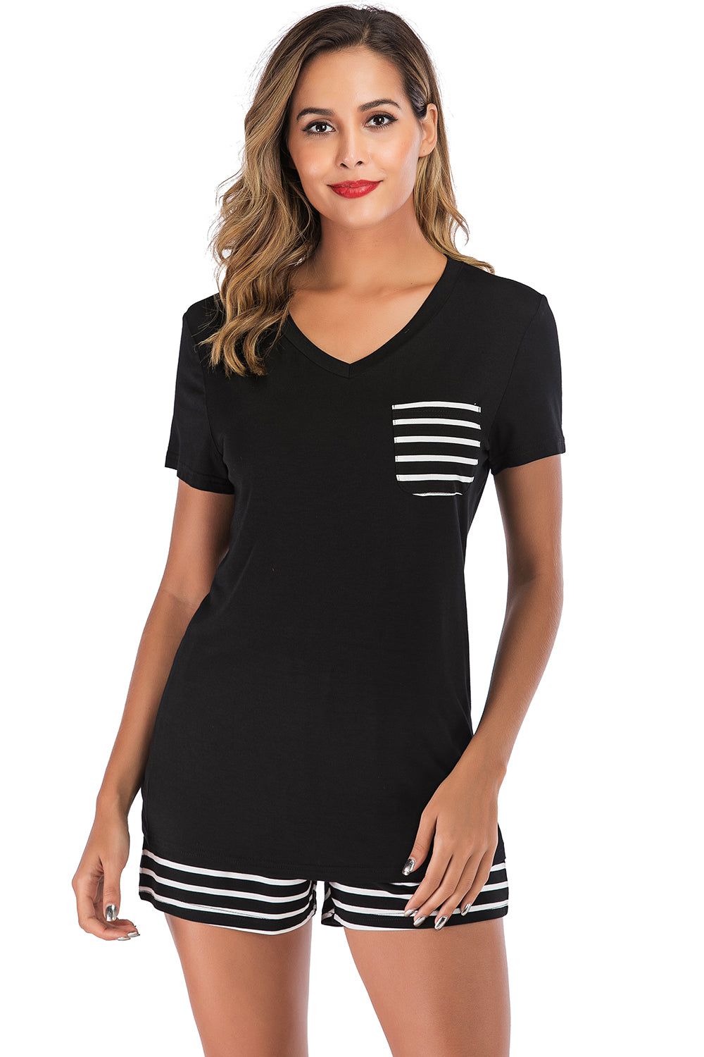 Striped Short Sleeve Top and Shorts Lounge Set - The Daily Makeover