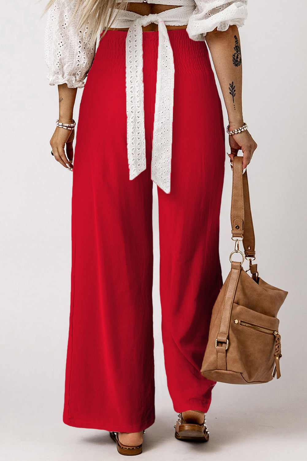 Khaki Smocked Wide Waistband High Waist Wide Leg Pants - The Daily Makeover