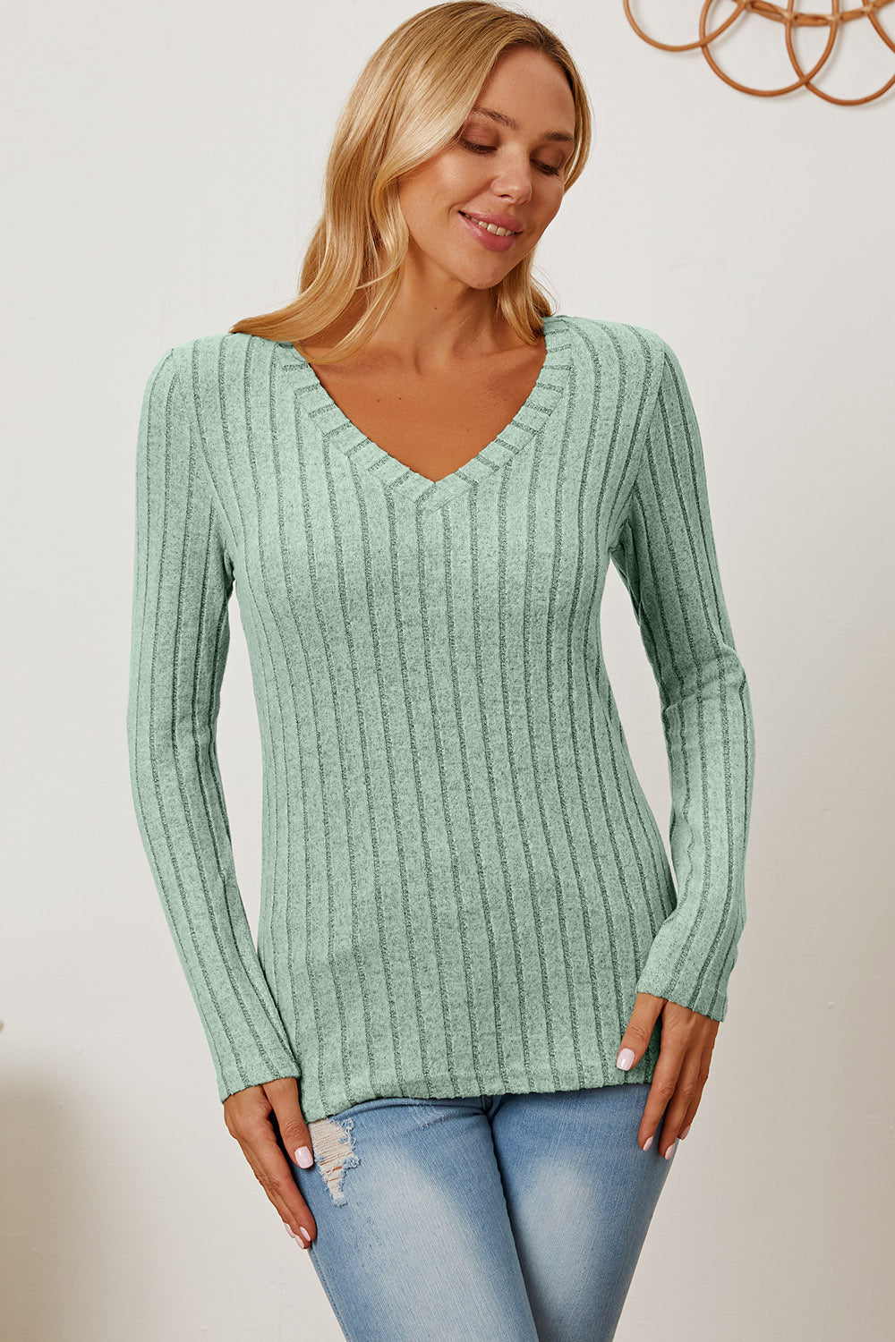 Full Size Ribbed V-Neck Long Sleeve T-Shirt - The Daily Makeover