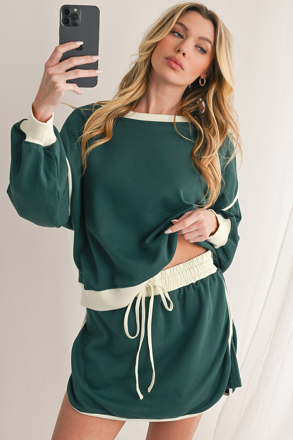 Evergreen Contrast Trim Loose Pullover and Lace-up Waist Skort Set - The Daily Makeover