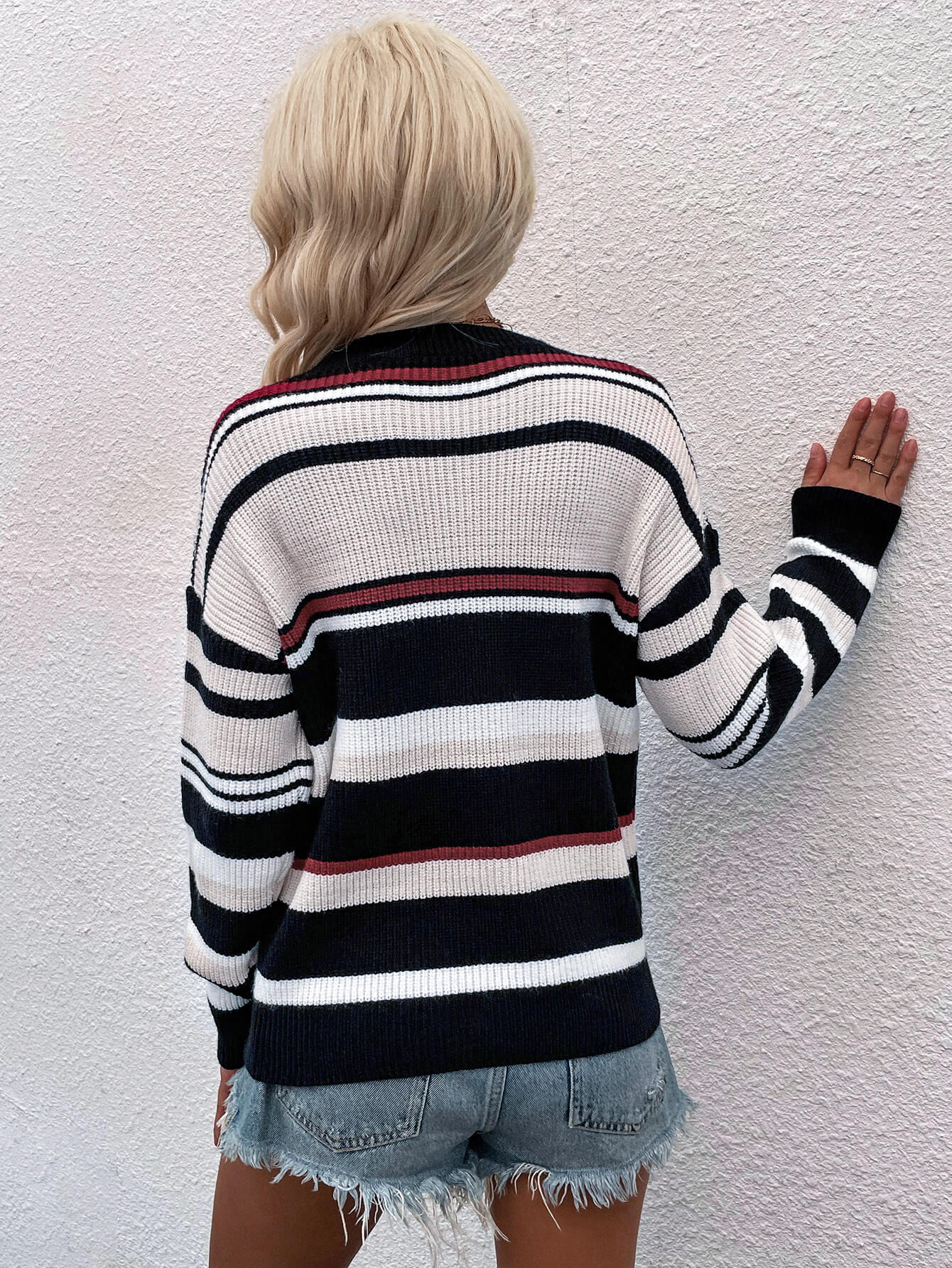 Striped Drop Shoulder Round Neck Pullover Sweater - The Daily Makeover
