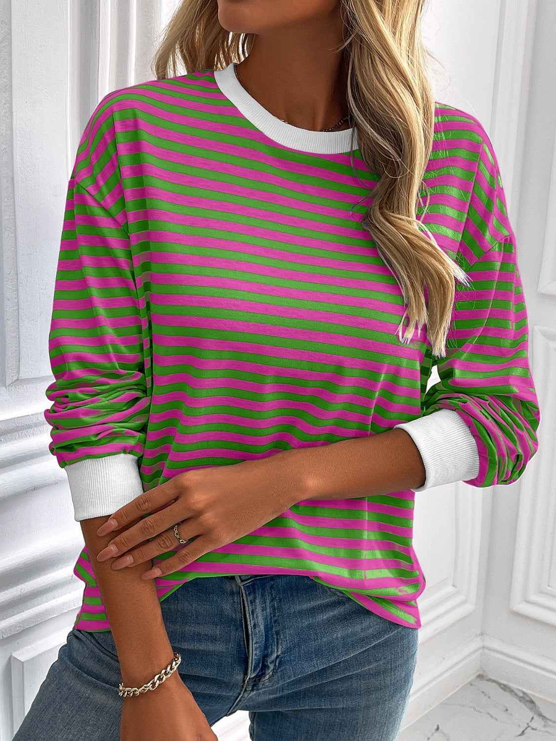 Ivy Lane Striped Round Neck Long Sleeve Sweatshirt - The Daily Makeover
