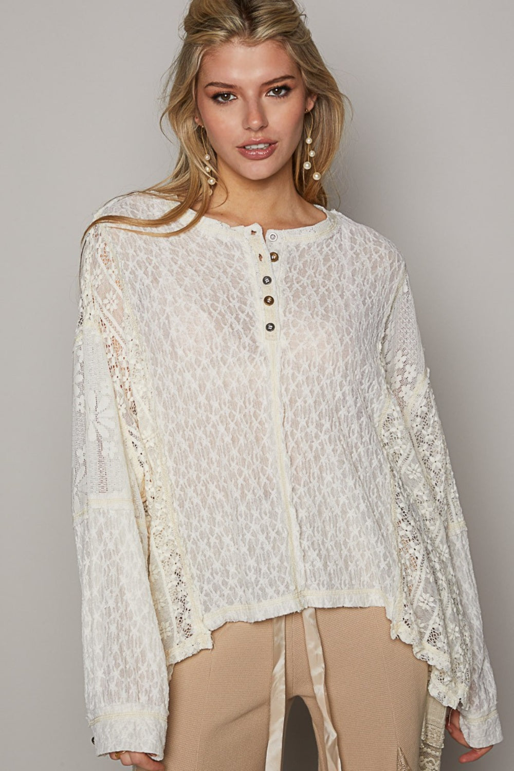 POL Round Neck Long Sleeve Raw Edge Lace Top - The Daily Makeover