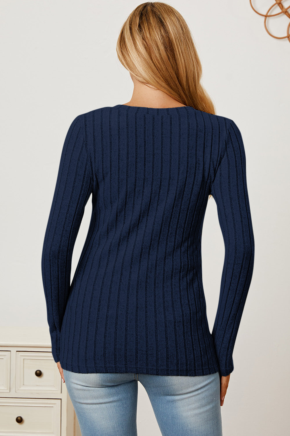 Full Size Ribbed V-Neck Long Sleeve T-Shirt - The Daily Makeover