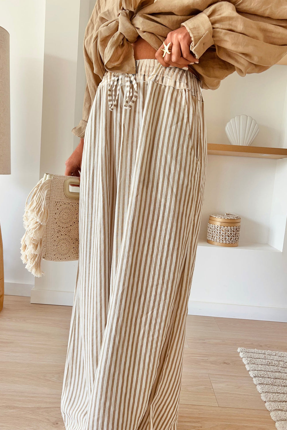 Khaki Striped Drawstring Waist Loose Pants - The Daily Makeover