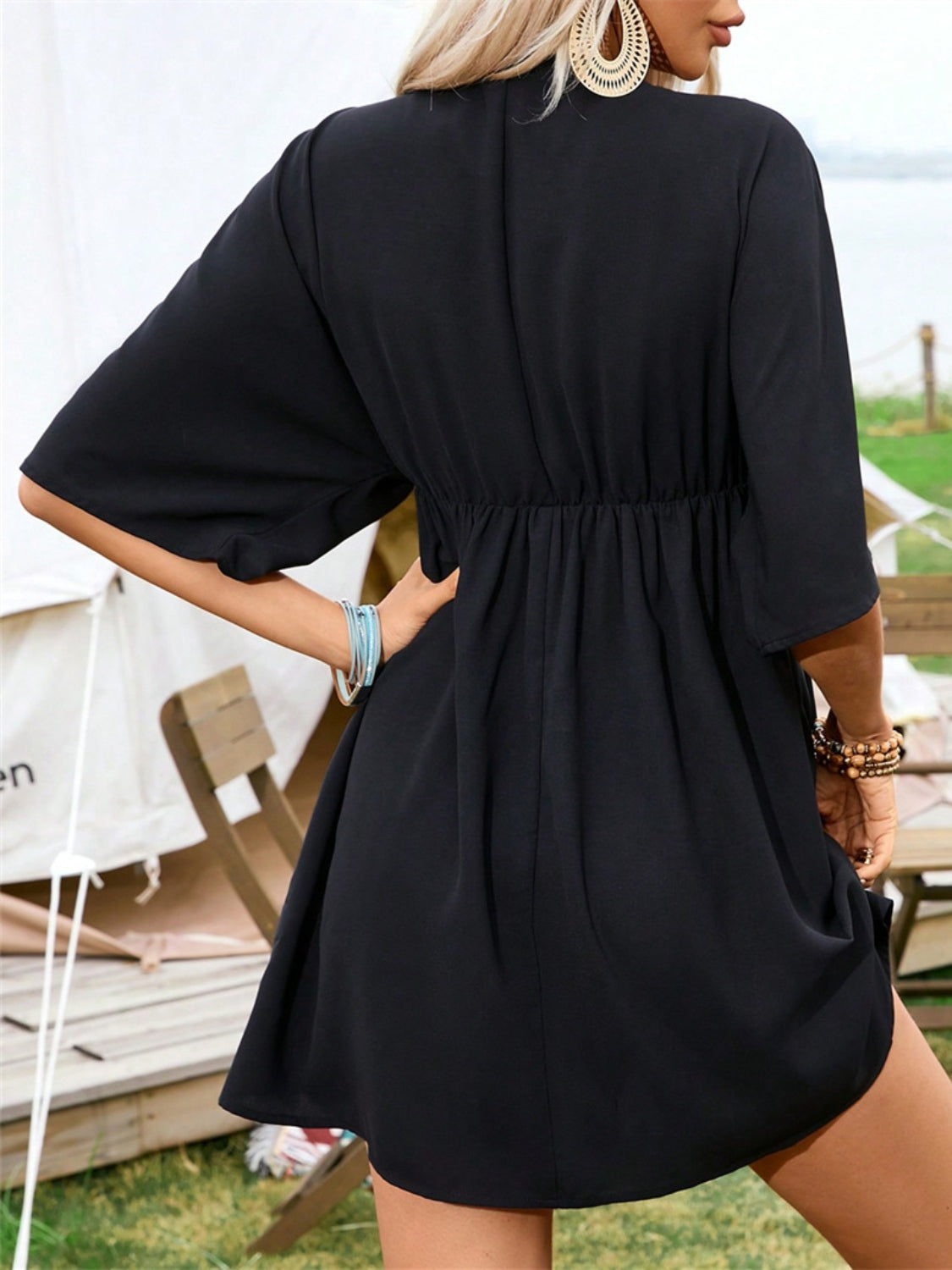 Embroidered Plunge Half Sleeve Mini Dress - The Daily Makeover