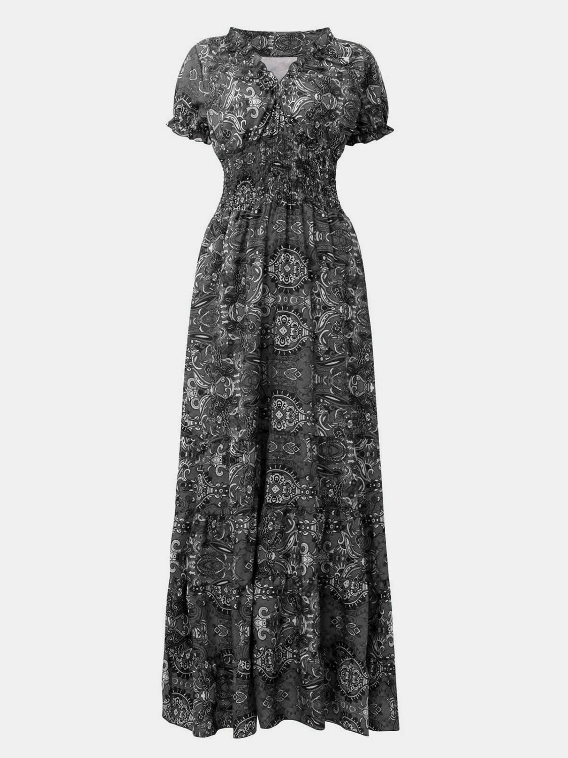 Full Size Smocked Printed V-Neck Short Sleeve Dress - The Daily Makeover