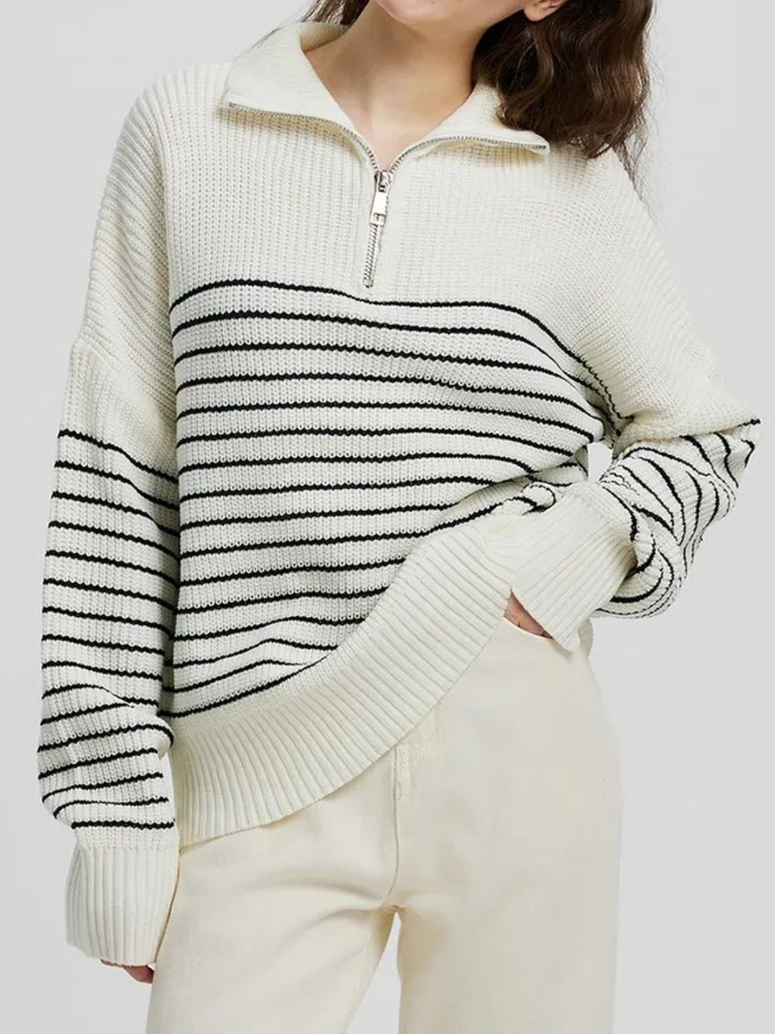 Striped Half Zip Long Sleeve Sweater - The Daily Makeover