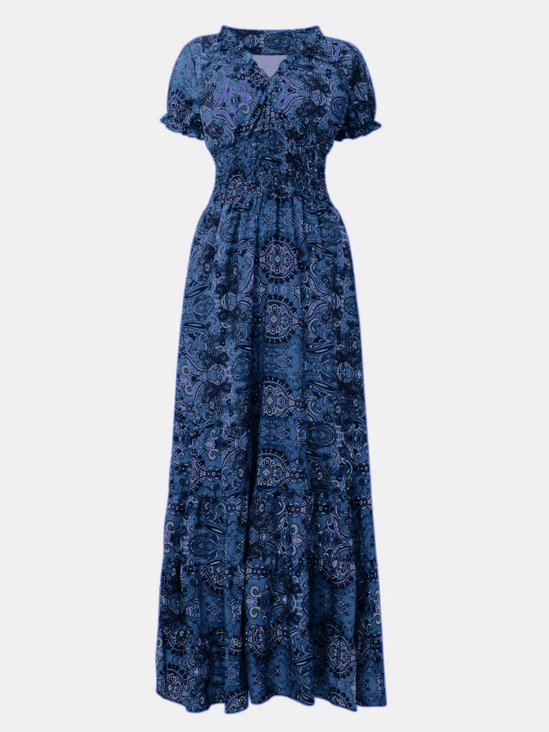 Full Size Smocked Printed V-Neck Short Sleeve Dress - The Daily Makeover