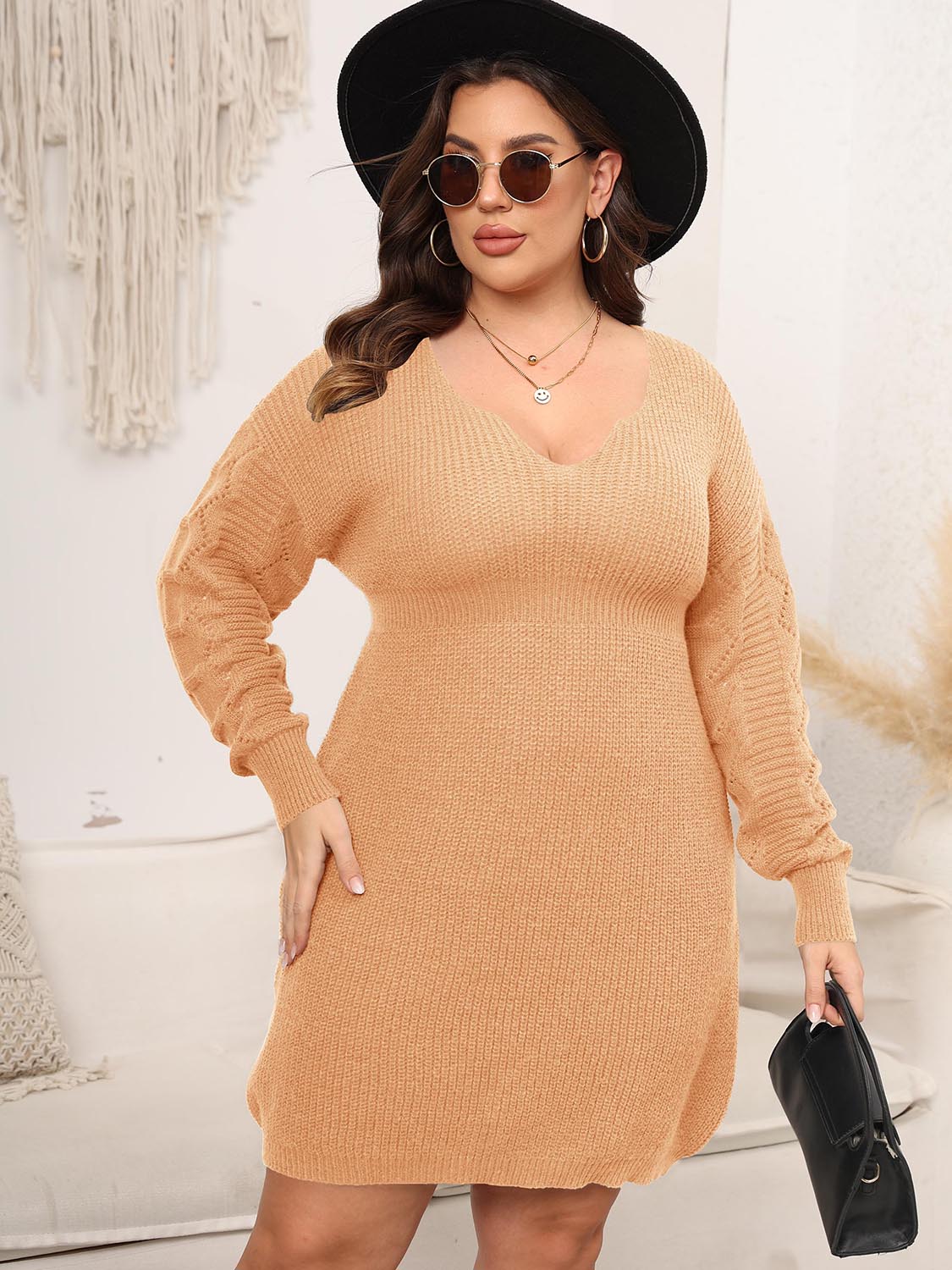 Plus Size Dropped Shoulder Long Sleeve Knit Mini Dress - The Daily Makeover