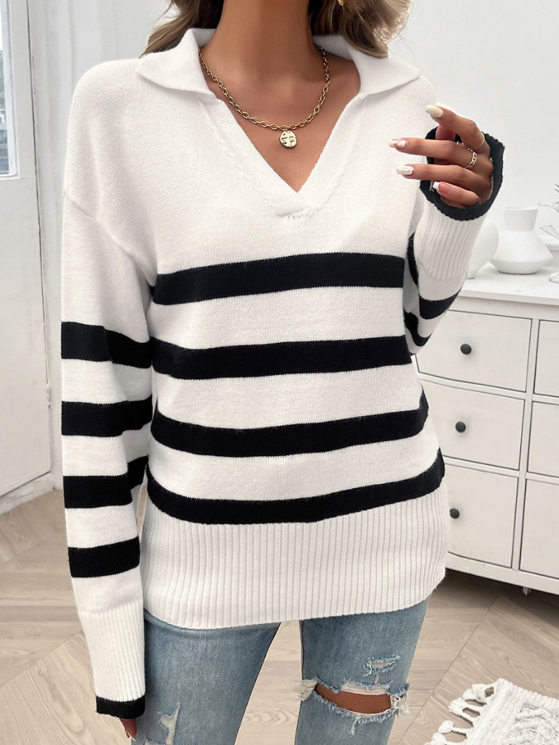 Striped Collared Neck Long Sleeve Sweater - The Daily Makeover