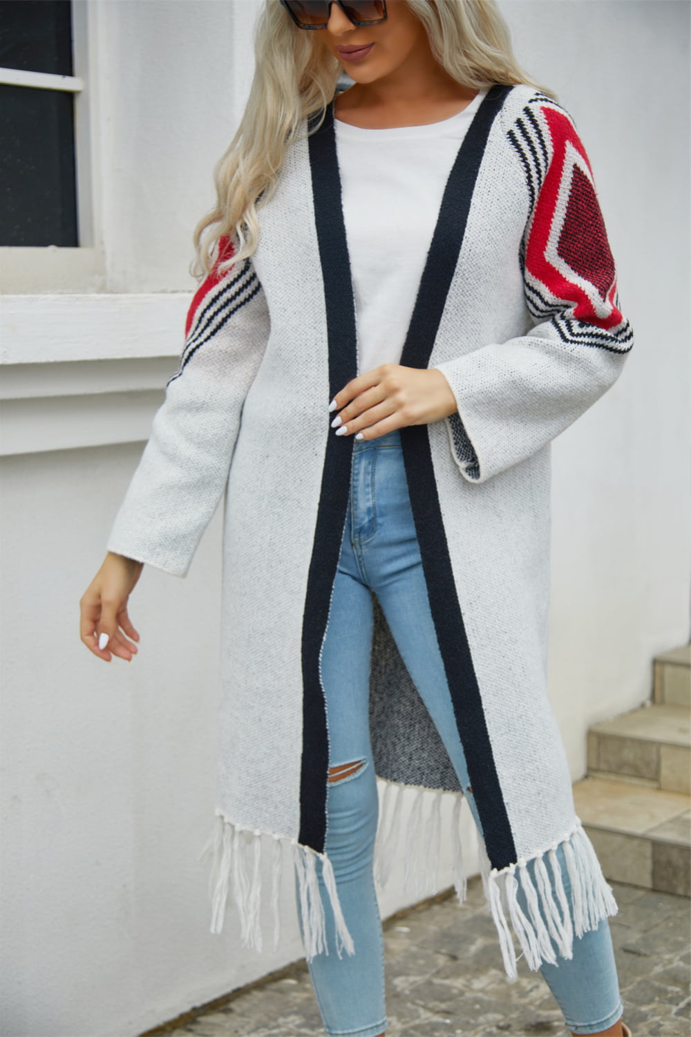 Angel Wings Geometric Fringe Hem Open Front Duster Cardigan - The Daily Makeover