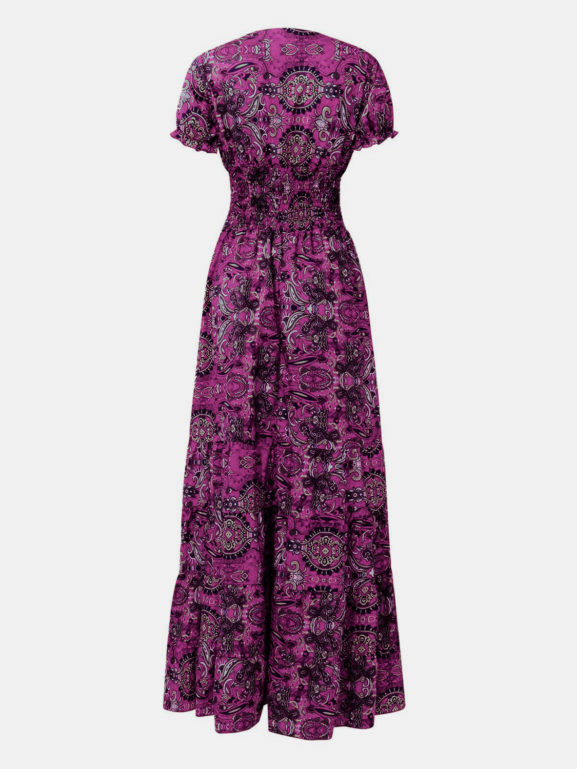 Full Size Smocked Printed V-Neck Short Sleeve Dress - The Daily Makeover