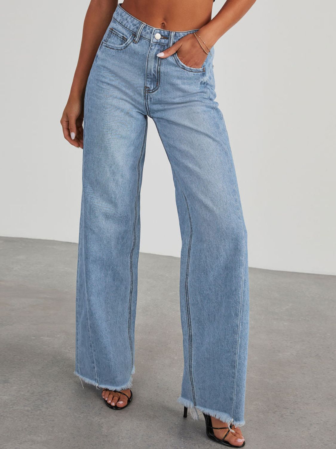 Raw Hem Wide Leg Jeans with Pockets - The Daily Makeover
