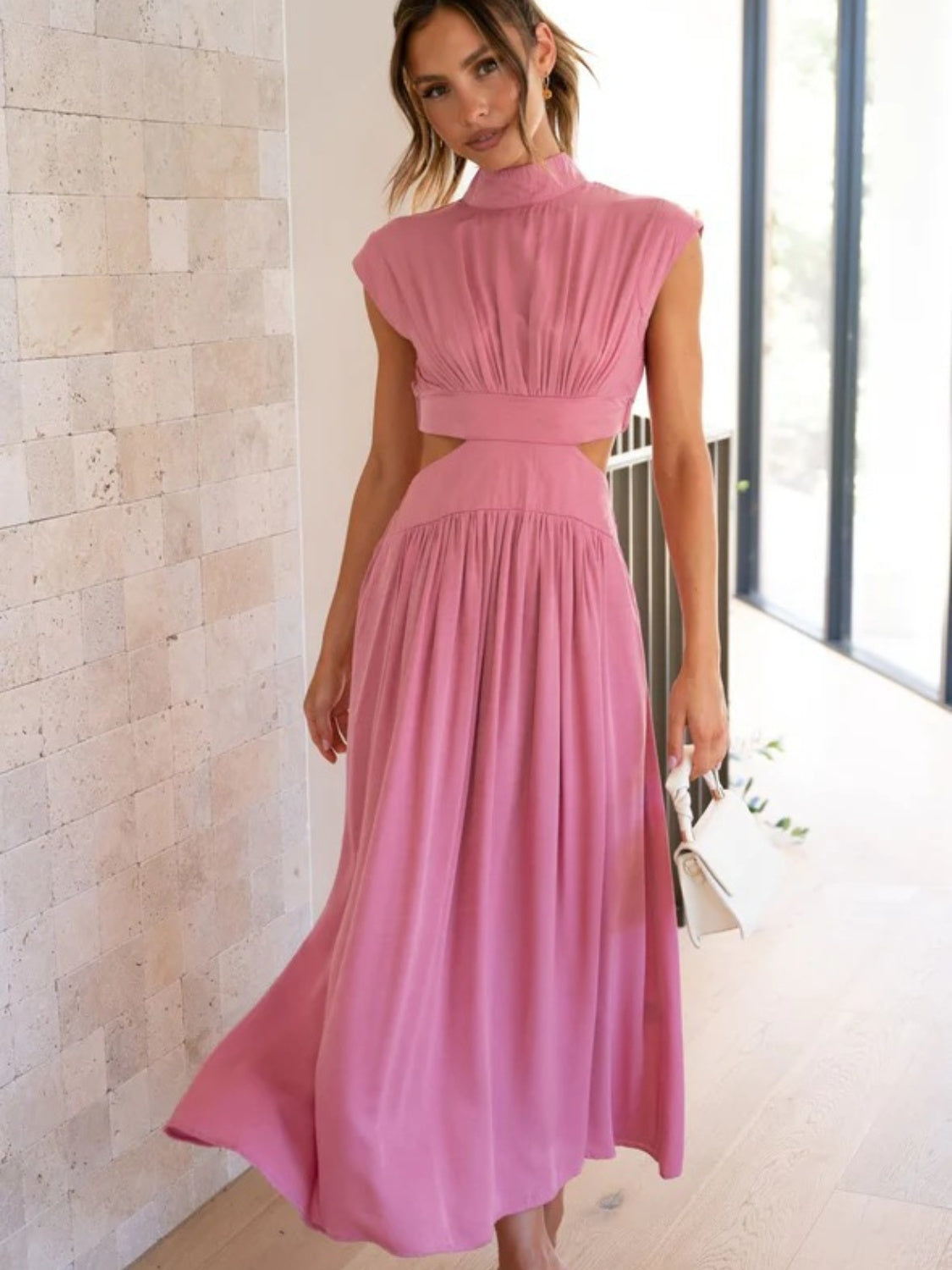 Cutout Mock Neck Sleeveless Ruched Dress - The Daily Makeover