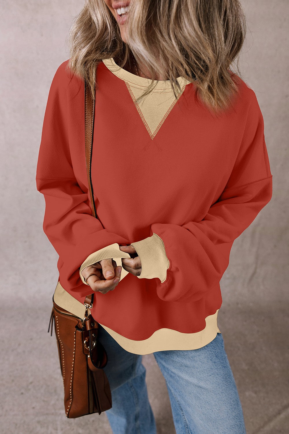 Contrast Round Neck Long Sleeve Sweatshirt - The Daily Makeover