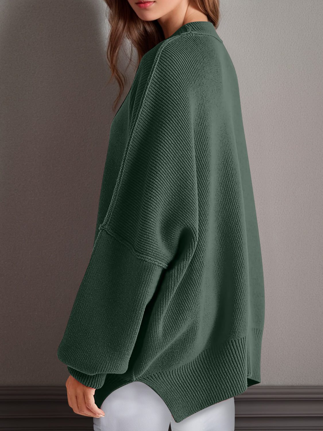 Double Take Side Slit Round Neck Long Sleeve Sweater - The Daily Makeover