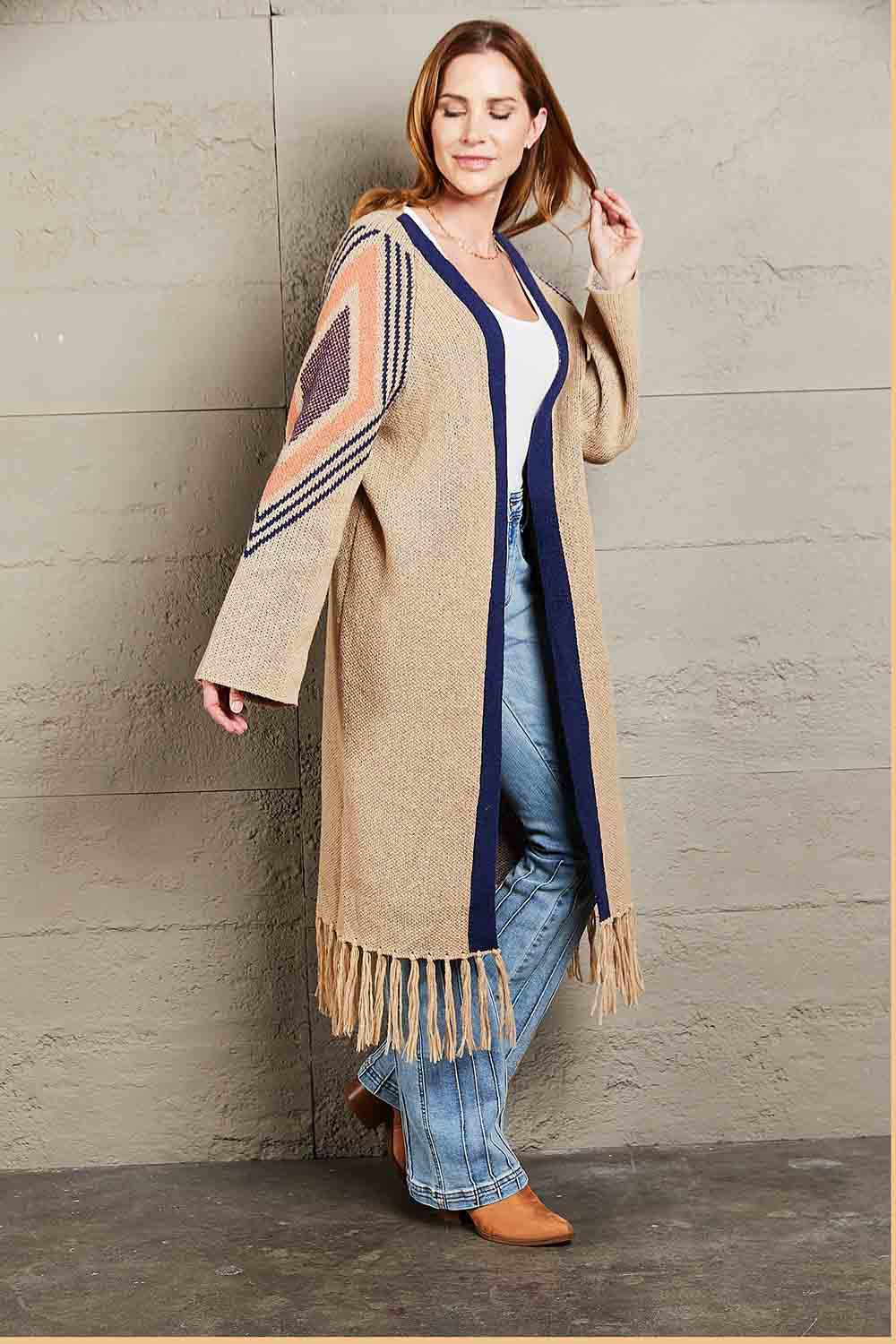 Angel Wings Geometric Fringe Hem Open Front Duster Cardigan - The Daily Makeover