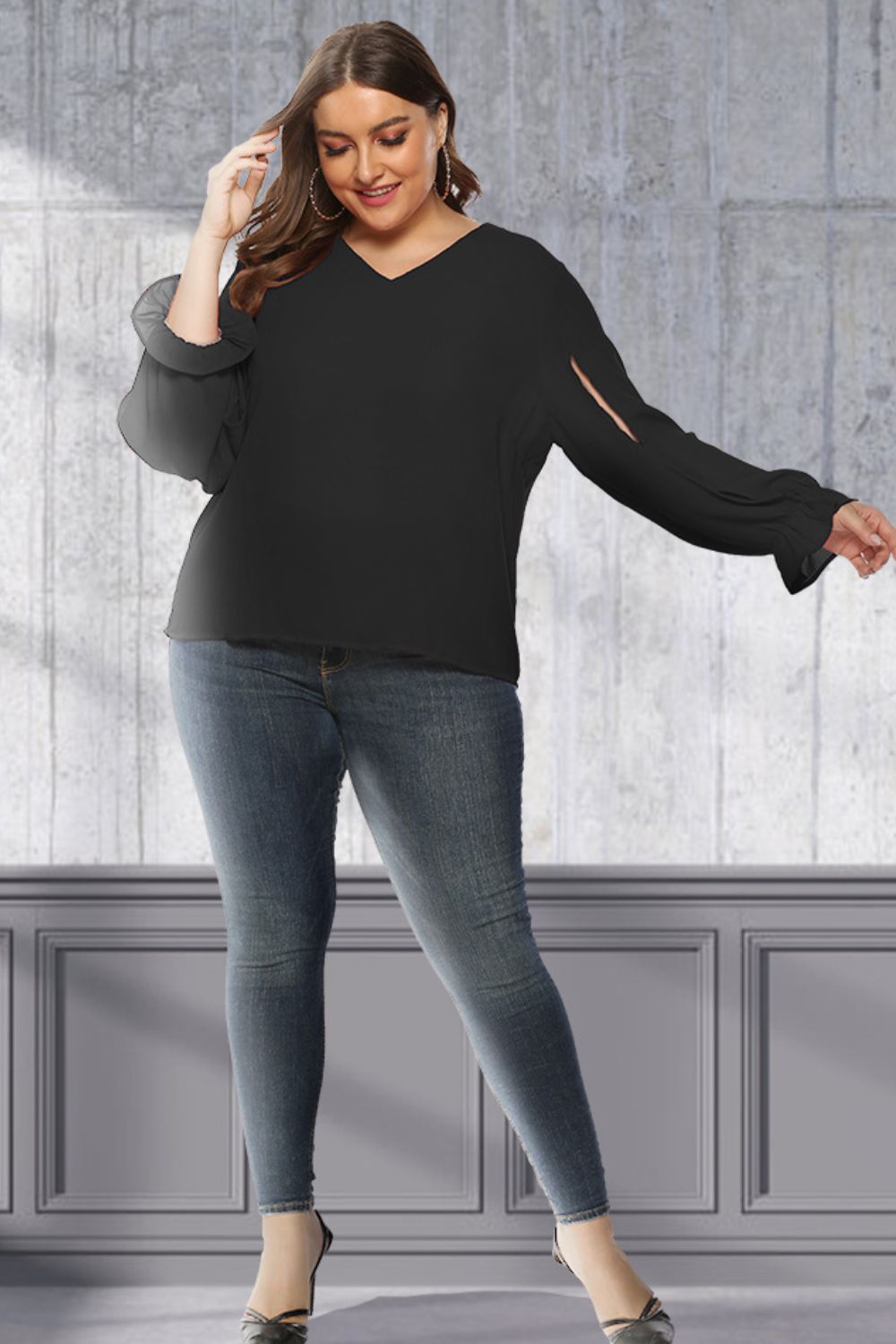Plus Size Cutout Flounce Sleeve Blouse - The Daily Makeover
