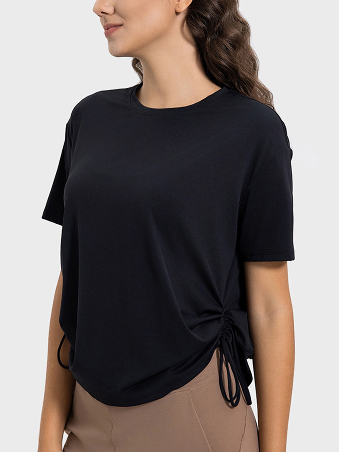 Drawstring Round Neck Short Sleeve Active T-Shirt - The Daily Makeover